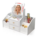 Kosmetik-Organizer mit Katzen-Spiegel - 4 Fächer, 2 Schubladen, Halter für Make-up und Schmuck