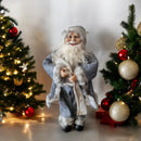 Dekorative Weihnachtsmann-Figur, elegant, im grauen Anzug mit weißem Fellbesatz