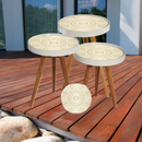 Set 3 Couchtische Mandala-Design - Weiß mit Gold, Beine aus Naturholz, verschiedene Größen