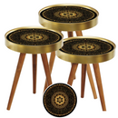 Set 3 Couchtische Mandala-Design Schwarz mit Gold - Naturholz, verschiedene Größen