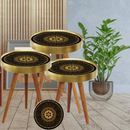Set 3 Couchtische Mandala-Design Schwarz mit Gold - Naturholz, verschiedene Größen