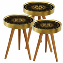 Set 3 Couchtische Mandala-Design Schwarz mit Gold - Naturholz, verschiedene Größen