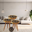 Set 3 Couchtische mit floralem Design in Gold-Schwarz - Beine aus Naturholz, verschiedene Größen