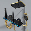 Smartes Thermostat-Duschsystem in Gold mit LED-Temperaturanzeige, Pianotasten, Regendusche, Duschkopf, Schwarz