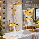 Thermostatisches Duschsystem in Gold mit LED-Temperaturanzeige, 5 Piano-Tasten, Slim-Design, Regendusche und mehreren Funktionen