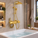 Thermostatisches Duschsystem in Gold mit LED-Temperaturanzeige, 5 Piano-Tasten, Slim-Design, Regendusche und mehreren Funktionen