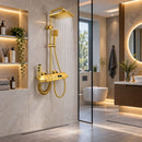 Thermostatisches Duschsystem in Gold mit LED-Temperaturanzeige, 5 Piano-Tasten, Slim-Design, Regendusche und mehreren Funktionen