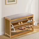 Sitzbank mit Schuhschrank 2-in-1 aus Bambus, 2 Ablagen, Bequemer gepolsterter Sitz, Tür in Rattanoptik, Natürliches Design, 70 x 24 x 46 cm