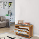 Sitzbank mit Schuhschrank 2-in-1 aus Bambus, 2 Ablagen, Bequemer gepolsterter Sitz, Tür in Rattanoptik, Natürliches Design, 70 x 24 x 46 cm