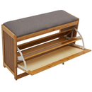 Sitzbank mit Schuhschrank 2-in-1 aus Bambus, 2 Ablagen, Bequemer gepolsterter Sitz, Tür in Rattanoptik, Natürliches Design, 70 x 24 x 46 cm