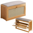 Sitzbank mit Schuhschrank 2-in-1 aus Bambus, 2 Ablagen, Bequemer gepolsterter Sitz, Tür in Rattanoptik, Natürliches Design, 70 x 24 x 46 cm