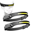 1+1 Paket LED-COB-Stirnlampe 350 Lumen mit Akku, Bewegungssensor und Seitenlicht – Set 2 Stück