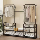 Offenes Modulares Garderobensystem, Doppelte Kleiderstange, 8 Ablagen für Schuhe und Aufbewahrung, Seitliche Haken für Accessoires, Schwarz