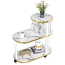 Multifunktionaler Rollbarer Beistelltisch mit 3 Ablagen, Weiße Platten in Marmoroptik mit Goldenen Rändern, Weißes Metallgestell, Lenkrollen, Servierwagen