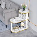 Multifunktionaler Rollbarer Beistelltisch mit 3 Ablagen, Weiße Platten in Marmoroptik mit Goldenen Rändern, Weißes Metallgestell, Lenkrollen, Servierwagen