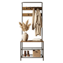 Flurgarderobe im Industrial-Stil mit Sitzbank, 7 Haken, 2 Schuhablagen, schwarzer Rahmen und rustikale Oberfläche