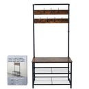 Flurgarderobe im Industrial-Stil mit Sitzbank, 7 Haken, 2 Schuhablagen, schwarzer Rahmen und rustikale Oberfläche