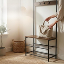Flurgarderobe im Industrial-Stil mit Sitzbank, 7 Haken, 2 Schuhablagen, schwarzer Rahmen und rustikale Oberfläche