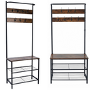Flurgarderobe im Industrial-Stil mit Sitzbank, 7 Haken, 2 Schuhablagen, schwarzer Rahmen und rustikale Oberfläche
