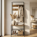 Flurgarderobe im Industrial-Stil mit Sitzbank, 7 Haken, 2 Schuhablagen, schwarzer Rahmen und rustikale Oberfläche
