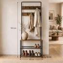 Flurgarderobe im Industrial-Stil mit Sitzbank, 7 Haken, 2 Schuhablagen, schwarzer Rahmen und rustikale Oberfläche
