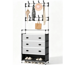 Multifunktionale Garderobe mit Schuhregal, 4 Schuhablagen und mehreren Haken, Metallrahmen, 168 x 63 x 28 cm