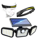 Paket LED-Solarleuchte für außen mit 3 Köpfen + LED-Stirnlampe mit Akku, Bewegungssensor