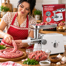 Elektrischer Fleischwolf 2800W, Leistung 120 kg/Stunde, 3 Lochscheiben, Edelstahlmesser, Rückwärtsfunktion, Zubehör für Würste und Tomatensaft